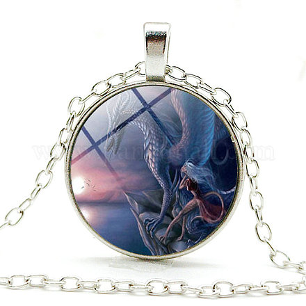 Dragon Theme Glass Round Pendant Necklace with Alloy Chains WG10203-04-1