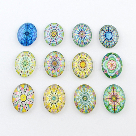 Kaleidoscope Flower Pattern Glass Oval Flatback Cabochons for DIY Projects X-GGLA-R022-18x13-38-1