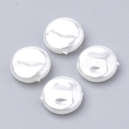 環境に優しいプラスチック模造真珠ビーズ  高い光沢  グレードA  フラットラウンド  ホワイト  10x3.5mm  穴：0.8mm X-MACR-T013-21-1