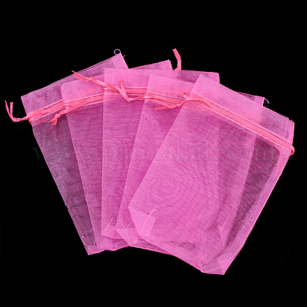 オーガンジーバッグ巾着袋  高密度  長方形  ショッキングピンク  15x10cm OP-T001-10x15-10-1