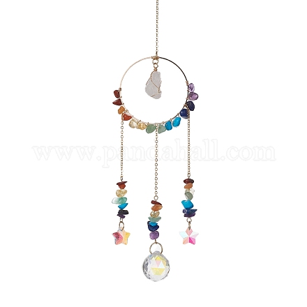 Chakra Gemstone Chips & Brass Ring Pendant Decorations HJEW-JM01284-1