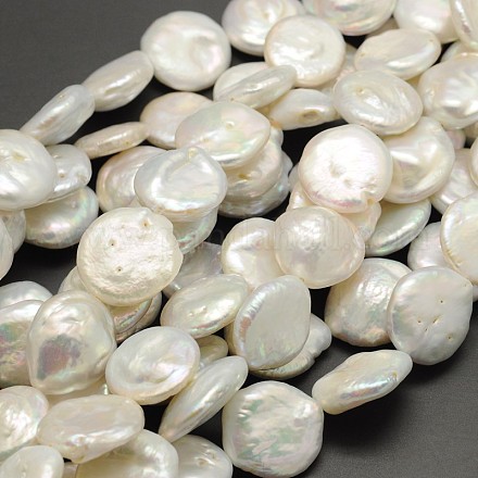 Flat Round Nucleated Natural Pearl Bead Strands PEAR-F001-05-1