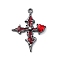 Gothic Rack Plating Alloy Pendants, with Red Rhinestone, Cross, Gunmetal, 36.5x27x4mm, Hole: 1.8mm