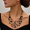 Bohemian Ethnic Style Alloy & Plastic Pearl & Glass Round Beaded Multilayer Necklaces & Dangle Earrings Sets, Platinum, Black, 440mm