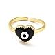 Enamel Heart with Evil Eye Open Cuff Ring RJEW-G259-01G-2