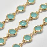 Faceted K9 Glass Handmade Beaded Chains, Soldered, with Brass Findings, Cadmium Free & Lead Free, Flat Round, Cyan, Real 18K Gold Plated, 12x7x3mm