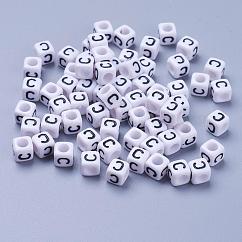 Cuentas de letras de acrílico de agujero horizontal, cubo, blanco, letra c, tamaño: aproximamente 6 mm de ancho, 6 mm de largo, 6 mm de altura, agujero: aproximamente 3.2 mm, aproximamente 2600 unidades / 500 g