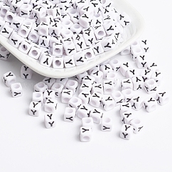 Cuentas de letras de acrílico de agujero horizontal, cubo, blanco, letra y, tamaño: aproximamente 6 mm de ancho, 6 mm de largo, 6 mm de altura, agujero: aproximamente 3.2 mm, aproximamente 2600 unidades / 500 g