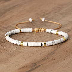Bracelets tressés en perles de howlite naturelle, bracelets ajustables pour femmes, Diamètre intérieur: 16 cm, perle: 4~4.5x2~2.5 mm