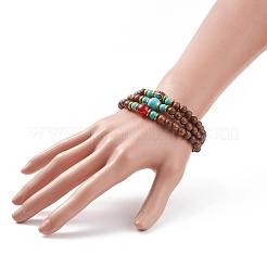 3 pièces 3 style naturel et synthétique mixte pierres précieuses et bois bracelets extensibles sertis de perles d'indonésie pour les femmes&nbsp;BJEW-JB08421