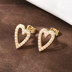 Серьги-гвоздики в форме сердца из латунного АБС-пластика с жемчугом EJEW-L275-14G-01