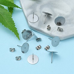 304ステンレススチールスタッドピアス金具100個  フラットラウンドパッドベースイヤリングのセッティング  フリクションイヤーナット100個付き。  ステンレス鋼色  12x12mm  ピン：0.8mm&nbsp;STAS-YW0001-43A