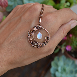 Ожерелья с подвеской в виде капли луны из медной проволоки и синтетического лунного камня&nbsp;FS-WG5A52F-01