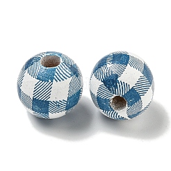 プリントウッドヨーロピアンビーズ  タータン模様のラウンド  スチールブルー  15.5~16mm  穴：4~4.5mm&nbsp;WOOD-G022-13D