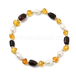 Pulseras elásticas con cuentas de ámbar natural y perlas cultivadas de agua dulce para mujer&nbsp;BJEW-JB13699-01