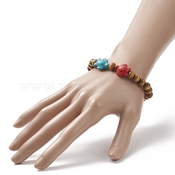Braccialetto elasticizzato da donna con tartaruga sintetica tinta turchese (tinta) e perline di legno naturale&nbsp;BJEW-JB09147