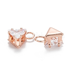 真鍮クリアキュービックジルコニアチャーム  長持ちメッキ  三角形  ローズゴールド  8x5.5x4mm  穴：2mm&nbsp;ZIRC-G170-14RG