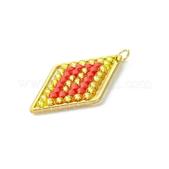 ガラスシードビーズ菱形ペンダント  丸カン付き  レッド  26x16.5x2.2mm  穴：2.5mm&nbsp;PALLOY-MZ00528-01
