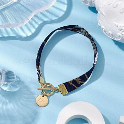 エスニックスタイルのポリエステルリーフプリントリボンブレスレット  女性用フラットラウンド304ステンレススチールチャームブレスレット  ブラック  7-7/8インチ（20cm）&nbsp;BJEW-JB10495-02