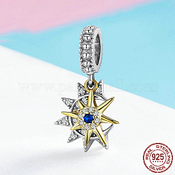 925スターリングシルバーヨーロピアンダングルチャーム  大穴ペンダント  キュービックジルコニア付き  星と太陽  プラチナ·ゴールデン  22x11mm&nbsp;STER-FF0011-05