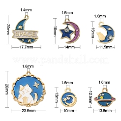 30個6スタイルアロイエナメルペンダント  カドミウムフリー＆鉛フリー  フラットラウンド＆ムーン＆スター  ブルー  12~26x10~23.5x2~2.5mm  穴：1.6mm  5個/スタイル&nbsp;ENAM-CJ0003-07