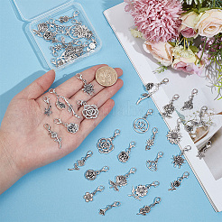 40個 20スタイルの花の合金ペンダント装飾  合金製カニカン付き  アンティークシルバー＆プラチナ  27~52mm&nbsp;HJEW-PH02488