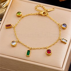 Pulseras rectangulares planas redondas de acero inoxidable 304 con circonitas cúbicas de colores para mujer.&nbsp;WG5257D-01