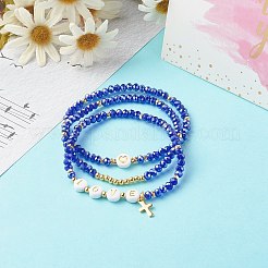 ガラスビーズストレッチブレスレットセット  アクリル＆真鍮ビーズ付き  304ステンレススチールクロスチャーム  愛  ミディアムブルー  内径：2-1/4インチ（5.7cm）  3個/セット&nbsp;BJEW-JB06575-05