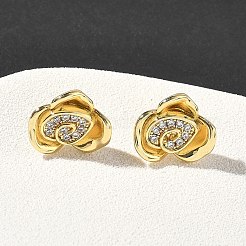Pendientes de botón con micropavé de circonitas cúbicas y flor de rosa de latón&nbsp;EJEW-G452-08G-02