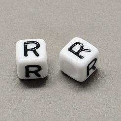 大穴アクリル文字ヨーロピアンビーズ  水平穴  ホワイト＆ブラック  文字付きのキューブ  文字.r  8x8x8mm  穴：4mm  約1144個/500g&nbsp;SACR-Q103-8mm-01R