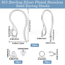 304ステンレススチールピアスフック50個  水平ループ付き  304ステンレススチール丸カン5個  50個のプラスチック製イヤーナット  925銀メッキ  22.5x11.5x1mm  穴：2x3.5mm  19ゲージ  ピン：1x0.9mm&nbsp;STAS-BBC0009-93