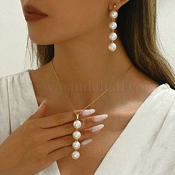 Элегантные комплекты из нержавеющей стали и круглого пластикового искусственного жемчуга с серьгами-гвоздиками и ожерельями для женщин QM1895