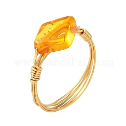 Fingerringe aus Kupferdraht und natürlichem Bernstein für Damen&nbsp;RJEW-JR01053