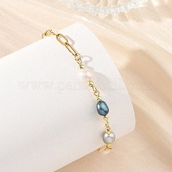 Armbänder aus beidseitig polierten Naturperlenketten mit Büroklammerketten aus Edelstahl 304&nbsp;BJEW-JB14234-03