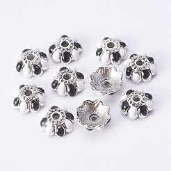 合金エナメルビーズキャップ  8花びら  花  アンティークシルバー  ブラック  9x4mm  穴：2mm&nbsp;ENAM-E297-01AS