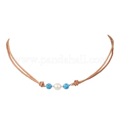 Женские ожерелья из цельной коровьей кожи с круглыми бусинами из синтетической бирюзы и натурального жемчуга&nbsp;NJEW-JN05828