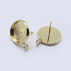真鍮のスタッドのピアスのセッティング  カン付き  フラットラウンド  ゴールドカラー  トレイ：12mm  17~18x14mm  穴：2mm  ピン：0.8mm&nbsp;KK-P131-01A-12mm-G
