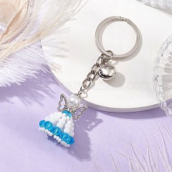 ガラスシード＆プラスチックパール＆合金キーホルダー  鉄のリング付き  空色  9cm&nbsp;KEYC-MZ00025-04
