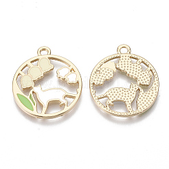 合金ペンダント  エナメル  猫の形と花の丸いリング  ゴールドカラー  カラフル  25x21.5x1.5mm  穴：2mm&nbsp;ENAM-S120-008