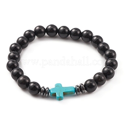 Bracelet extensible en perles de corss en bois naturel et turquoise synthétique et hématite&nbsp;BJEW-JB09622