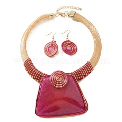 Collane pendenti trapezoidali in acrilico avvolte in filo di alluminio e set di orecchini pendenti rotondi piatti&nbsp;WGDE258-03