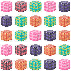 40個のプリント不透明アクリルビーズ  菱形模様の立方体  ミックスカラー  14.5~15x14.5~15x14.5~15mm  穴：3.8mm&nbsp;MACR-PA0001-86
