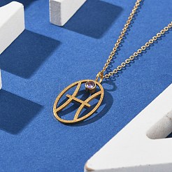 304 нержавеющая сталь кубический цирконий двенадцать созвездий рун кулон кабель цепь ожерелья для женщин NJEW-B121-02G-12