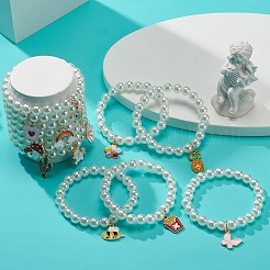 12 個 12 スタイル abs プラスチック パール ラウンド ビーズ ストレッチ ブレスレット セット  バタフライ & パイナップル & レインボー & ユニコーン 合金 エナメル チャーム ブレスレット 子供用  ミックスカラー  内径：2インチ（5cm）  1個/スタイル&nbsp;BJEW-JB08961