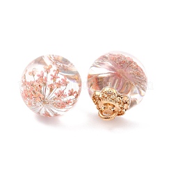 ガラスドライフラワービッグサイズペンダント  合金パーツ  ラウンド  ライトゴールド  ピンク  21x16mm  穴：2mm&nbsp;GLAA-P050-01KCG-06