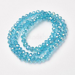 電気メッキ透明ガラスビーズ連売り  フル虹メッキ  多面カット  ロンデル  シアン  3.5x3mm  穴：0.4mm  約123~127個/連  13.7~14.1インチ（35~36cm）&nbsp;EGLA-A034-T3mm-T09