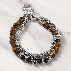 Браслеты из двухрядной цепочки из нержавеющей стали 304 с круглыми бусинами из натурального тигрового глаза и обсидиана BJEW-C119-02