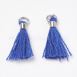 Decorazioni con pendente in nappa in cotone polycotton (poliestere), mini fiocco, con accessori di ottone, platino, blu, 10~15x3~4mm, Foro: 2 mm