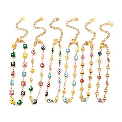 304 Stainless Steel Link Chain Bracelets, with Enamel and Glitter Powder, Mixed Shapes, Colorful, Golden, 7-1/2~8-1/8 inch(19.2~20.7cm)