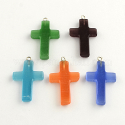 Cat Eye Pendants with Platinum Plated Iron Findings, Cross, Mixed Color, 27x17x4mm, Hole: 2mm